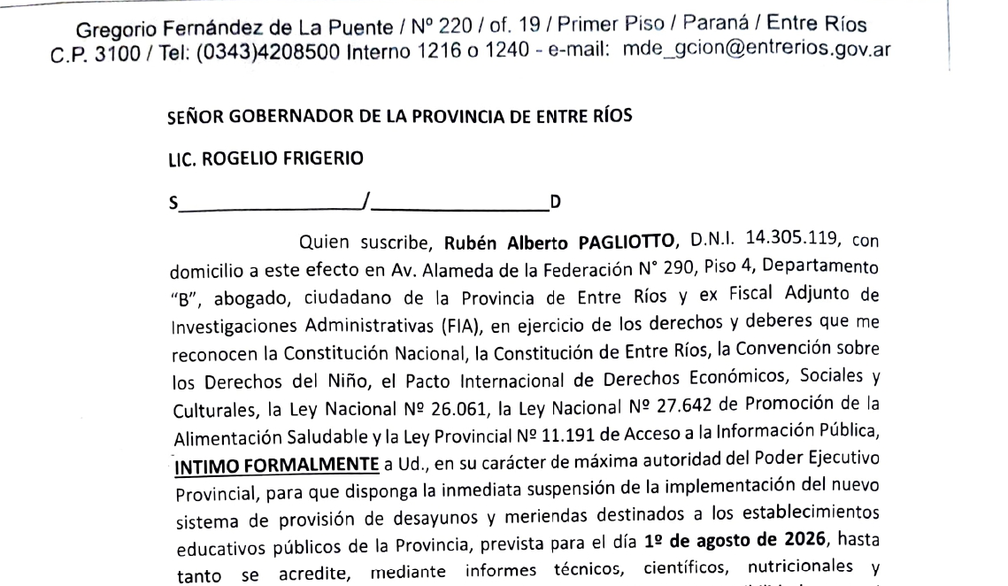 Entre Ríos: intiman a Frigerio a suspender el nuevo sistema de meriendas escolares